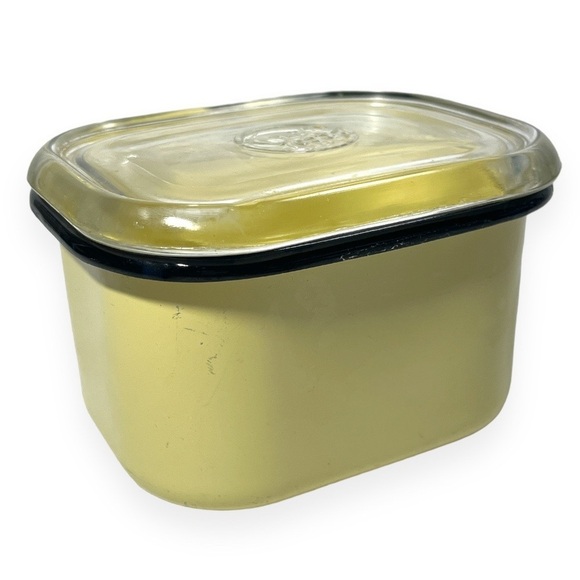 Vintage Beco Ware Refrigerator Dish Yellow Enamel Metal Black‎ Trim Glass Lid - Picture 7 of 13